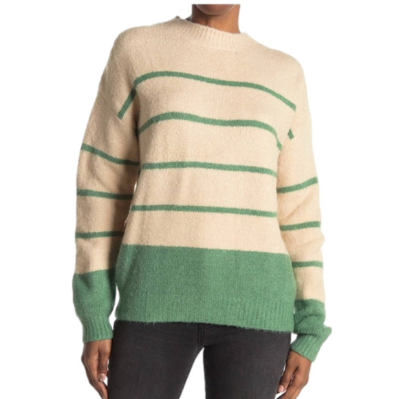 Lush Cream & Green Striped Long Sleeve Knit Crew Neck Sweater - Size Medium - Picture 1 of 11